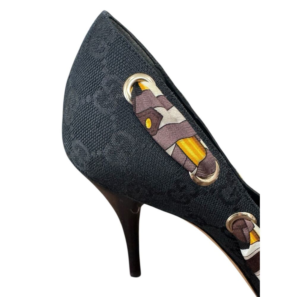 Gucci Guccissima Scarf Bow Heels Black Open Toe Pumps Ribbon Size 9.5 Luxury - Picture 6 of 14